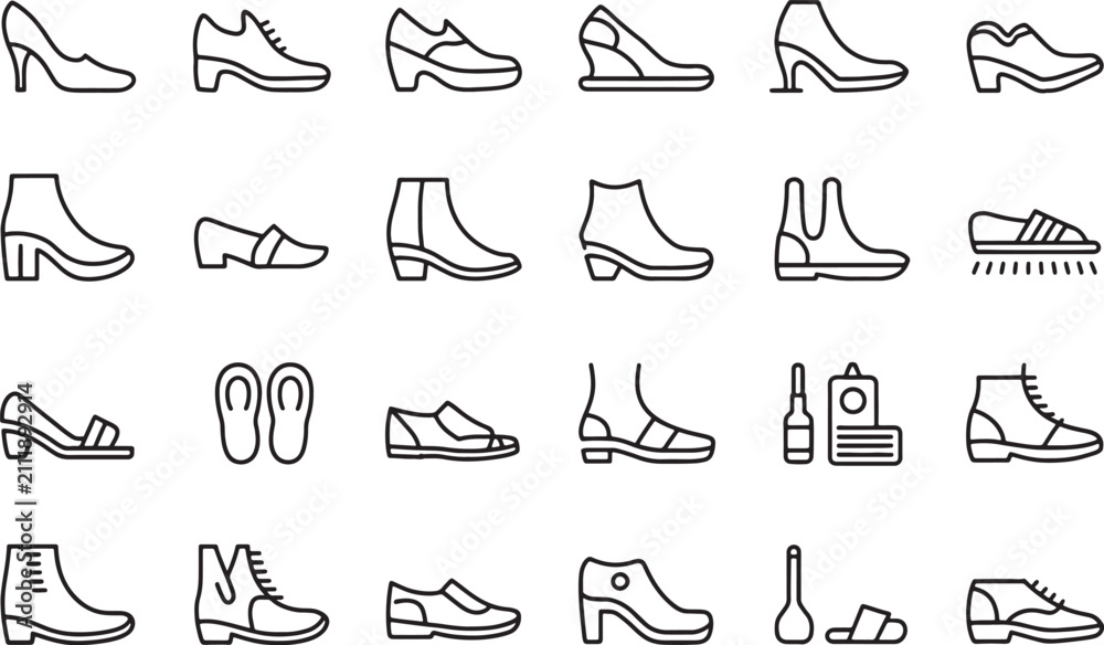 Obraz premium Variety of stylish shoe icons including heels sandals boots and sneakers isolated design