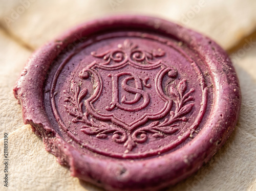 Purple wax seal with letter b embossed on a vintage paper envelope