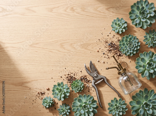 Green succulent plants and metal gardening shears on a rustic wooden table
