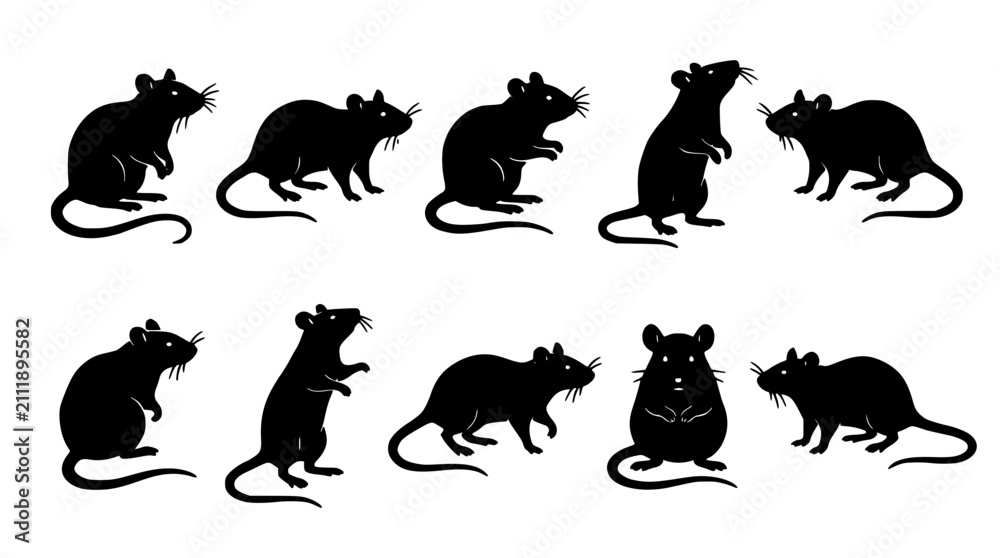 Obraz premium Mice Silhouettes in Various Poses and Positions Featuring Black, Vector, Illustration with Rodents and Animals Elements
