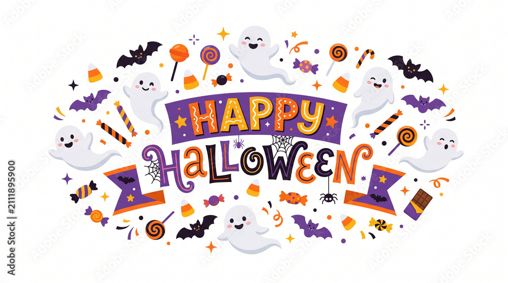 Fototapeta premium A colorful happy halloween featuring ghosts, bats, candy, and spider webs, arranged in a ad social media download thambnail poster web template event festival 2026 2027 2028