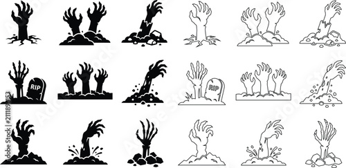 Set of scary zombie hands rising from graves isolated on white background for your creative halloween vector art projects