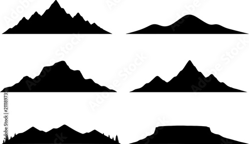 Set of black mountain ridge silhouettes in various shapes and heights isolated on a clean white background