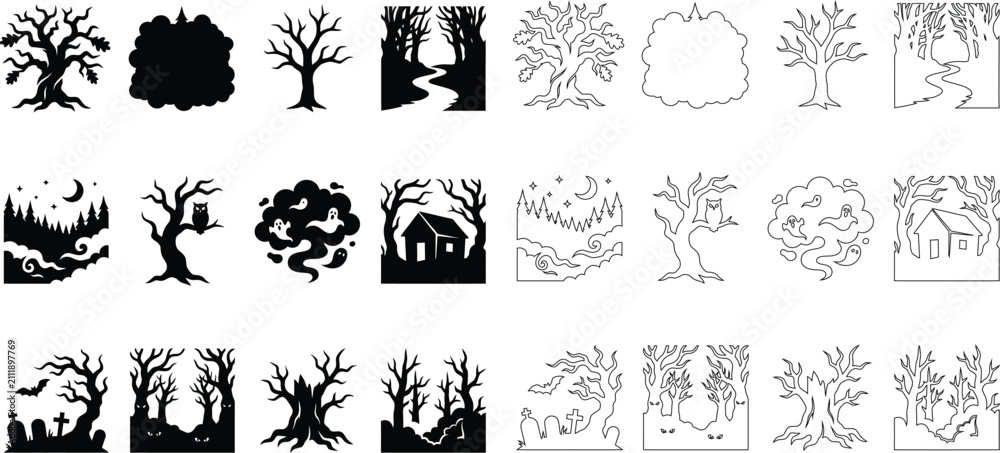 Fototapeta premium Set of spooky halloween vector illustrations featuring haunted trees silhouettes and outlined sketches for seasonal holiday design projects and decorations