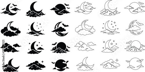 A collection of hand drawn halloween vector elements featuring moon phases stars clouds and spooky night sky illustrations
