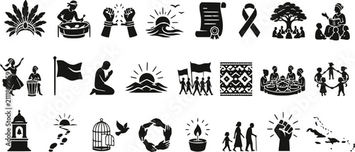 Photos Caribbean emancipation and community icon set with steel drum and family symbols