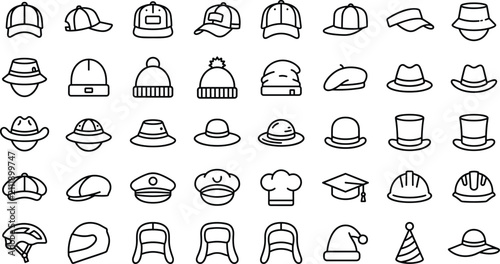 Foto Hats and headwear line icons set featuring baseball caps beanies fedoras helmets