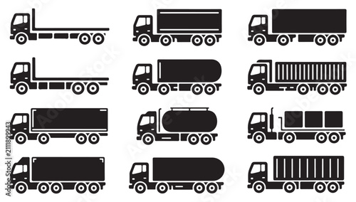 Fotografie Freight trucking fleet silhouettes showing various cargo configurations for heavy transport