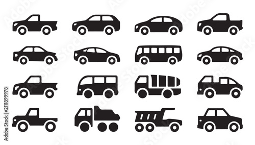 Set of black car silhouettes, different types of passenger cars and utility vehicles.
