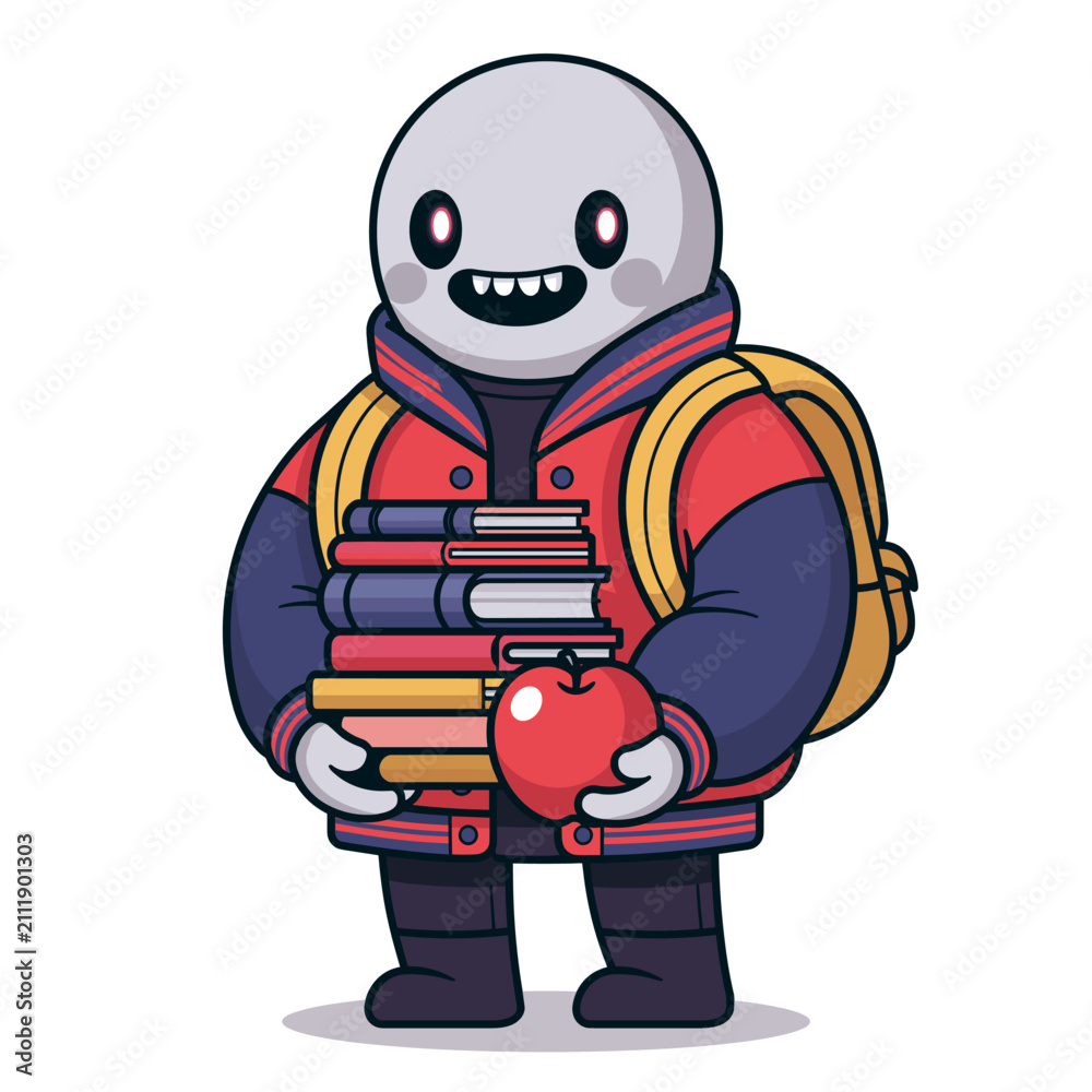 Fototapeta premium Cute cartoon character ready for back to school, holding a stack of books and a red apple, wearing a varsity jacket and backpack