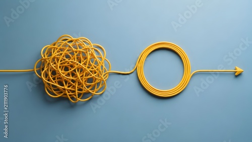 Complex to simple workflow concept with tangled yellow wire transforming into a neat circle and arrow symbolizing business organization and solution