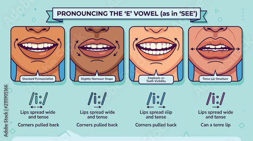 Fotografie Phonetics Guide: Mouth Shapes for Pronouncing the 'E' Vowel Sound in English Lan