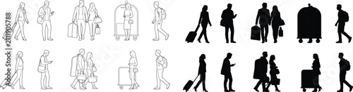 Bild auf Leinwand Traveling People Outline and Silhouette Set, Tourists with Luggage and Hotel Bel