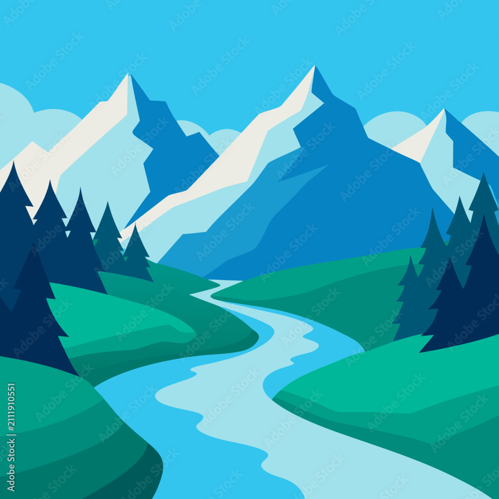 Fototapeta premium Glacier River Alpine Valley Flat Vector Landscape 