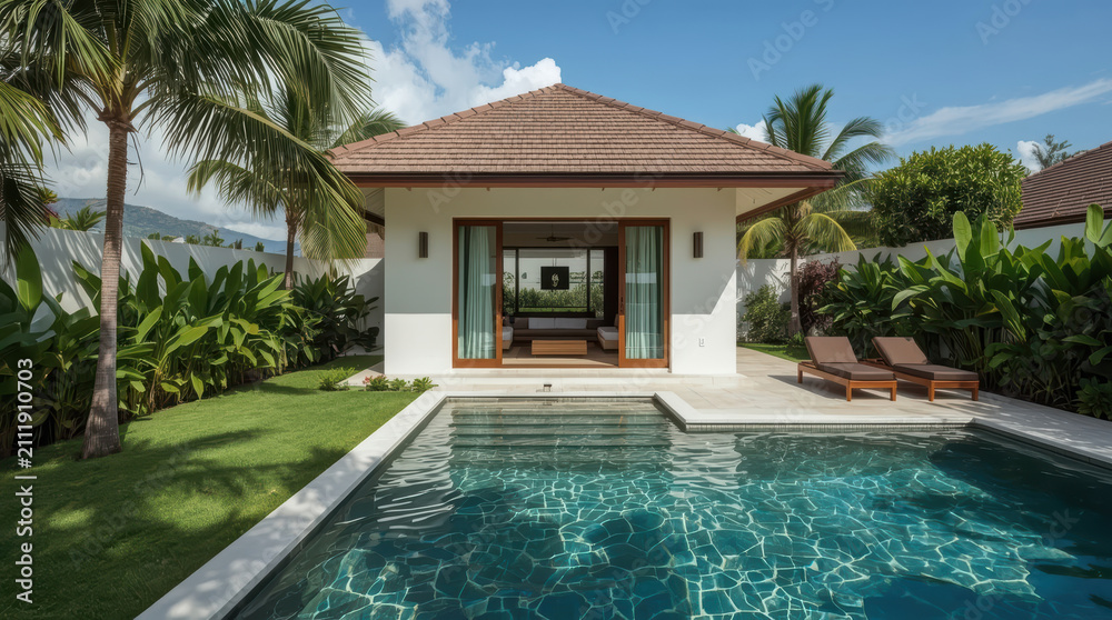 Fototapeta premium Private villa with plunge pool and sun loungers in tropical garden, serene beachfront retreat