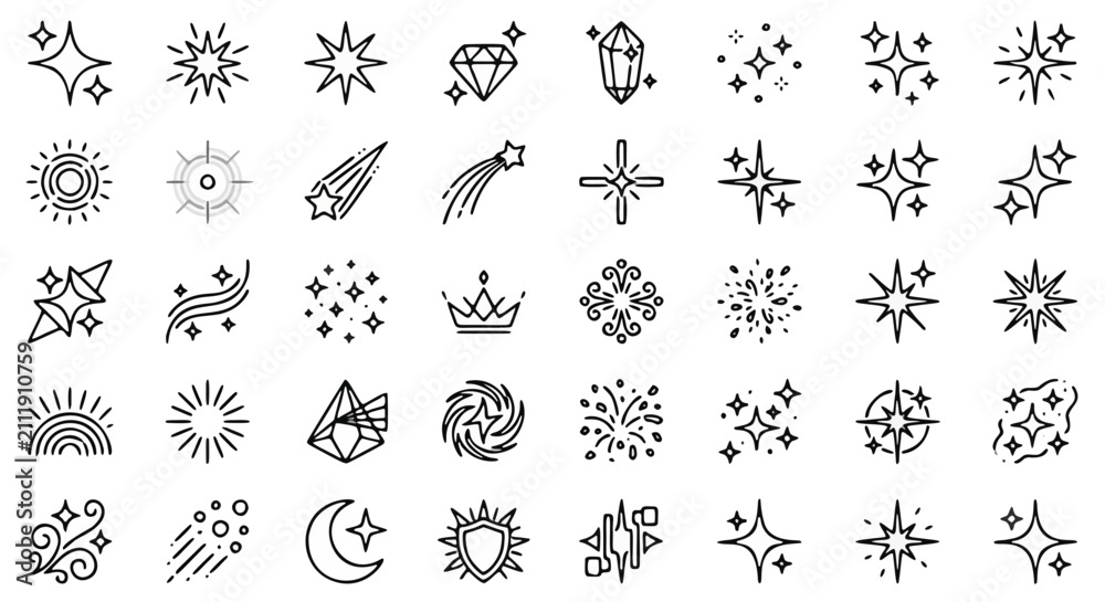 Fototapeta premium Sparkle line icons set, minimal star and twinkle vector elements, 40 magic shining and glitter symbols for graphic design