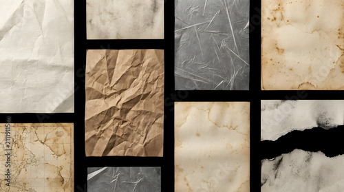 Vintage paper collection featuring distressed textures antique maps and torn edges on dark background.