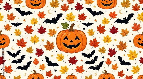 Seamless pattern with halloween pumpkins, bats, and autumn leaves