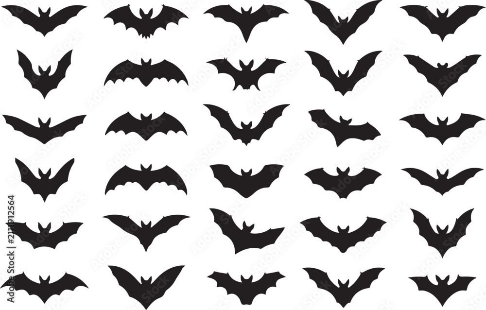 Fototapeta premium Large collection of black bat silhouettes with different open wing shapes for Halloween decoration, spooky graphic design, and horror themes.