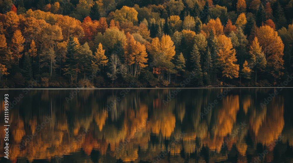 Obraz premium Autumn forest with colorful trees reflected on calm lake, serene golden foliage scene