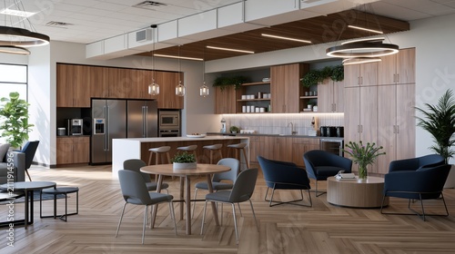 Modern office breakroom with kitchen island and lounge seating during bright daytime illumination
