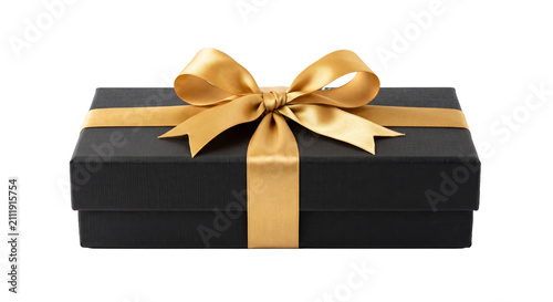 Fotografie Elegant black gift box with a luxurious gold ribbon and bow
