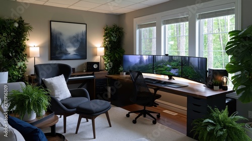 Modern home office setup with multiple monitors plants and natural light creating a productive workspace