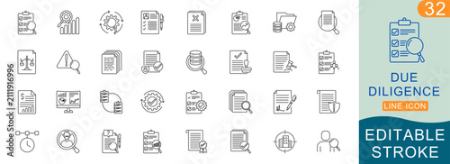 Fotografía Due Diligence Line Icon Set, Business Audit, Compliance, Risk Assessment, Corpor