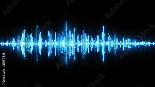 Digital audio sound wave frequency graphic represented by glowing blue oscillating light lines in motion
