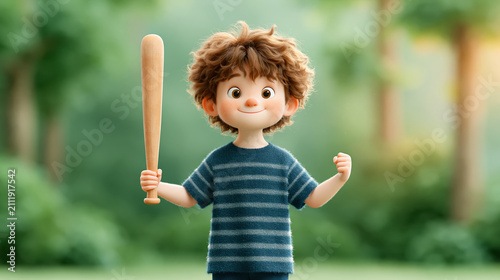 Cartoon boy with baseball bat outdoors for youth sports training and playful summer recreation