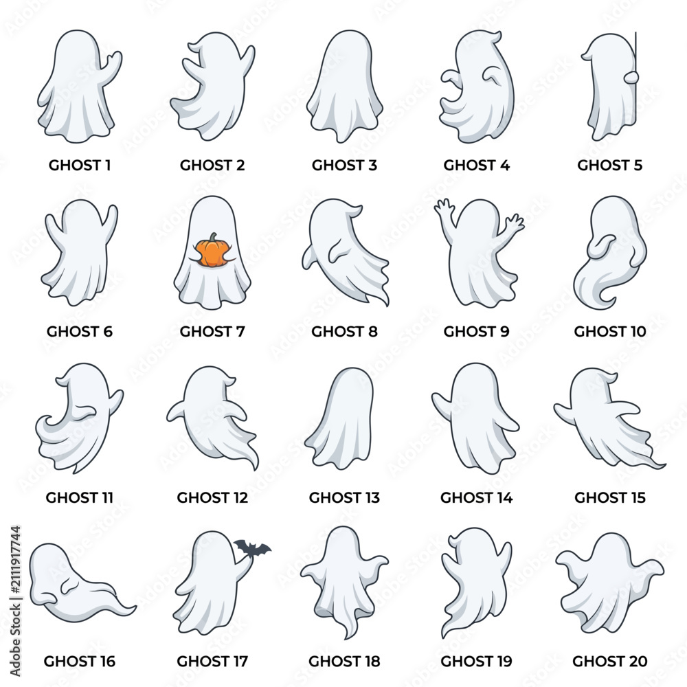 Fototapeta premium Ghost handprints in white against a neutral background with numbered labels for Halloween designs.