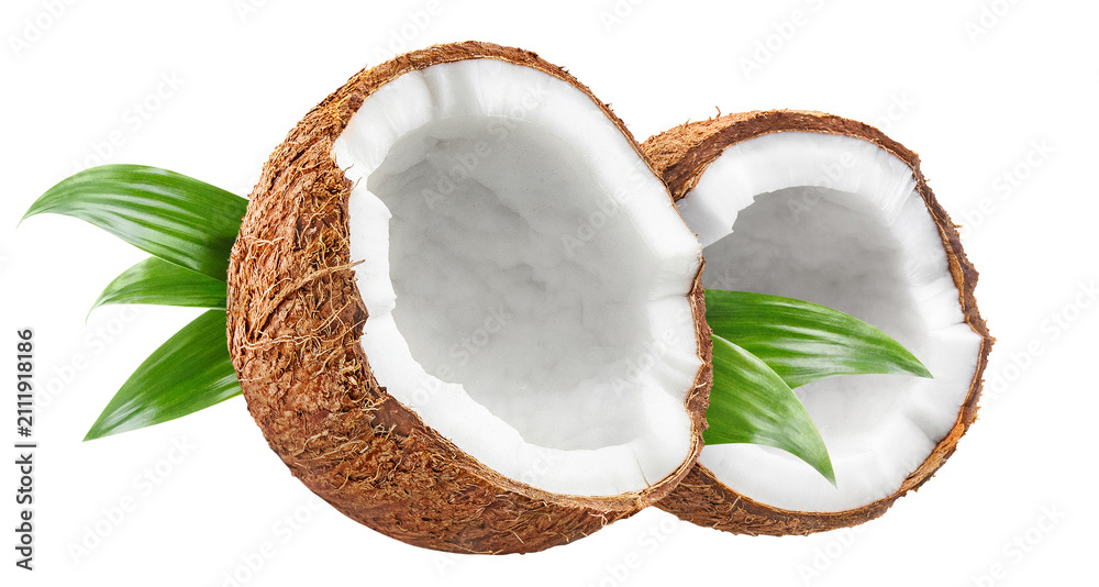 Obraz premium Delicious halved coconuts with white flesh and green leaves, isolated on transparent cutout background