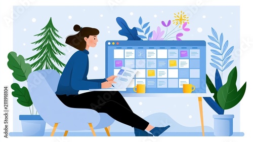 Woman planning tasks on a digital calendar during winter with plants and snow