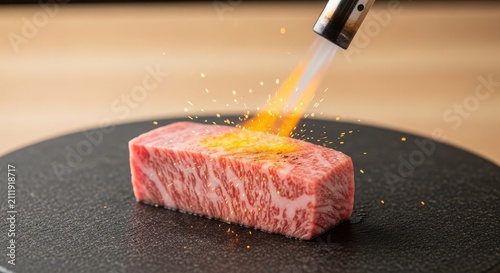 Chef using a kitchen torch to sear and caramelize a fresh slice of premium foie gras on a dark stone plate in restaurant