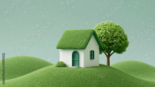 Eco house with green roof on hills for sustainable living and clean energy real estate concept