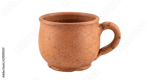 Canvastavla Rustic terracotta mug with a simple handle, isolated on a white background