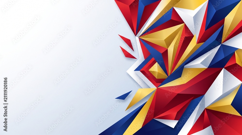 Fototapeta premium Modern geometric background inspired by Independence celebration, layered red, blue, white and yellow shapes with soft gradients, elegant depth, premium corporate design