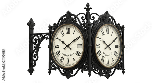 Vintage double-sided station clock with ornate black metal scrollwork and Roman numerals