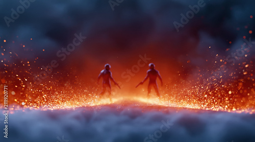 Sci fi explorers on fiery alien planet for space adventure fantasy and cinematic future concept