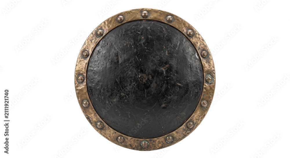 Naklejka premium Ancient round shield with weathered texture and brass rim detail