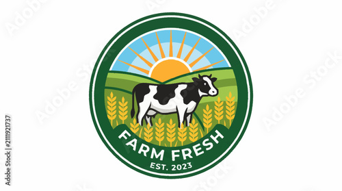 Farm Animal Cow Wheat Field Sunrise Emblem Logo.	
