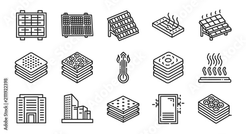 Isometric heating and cooling system line icons set for energy efficiency