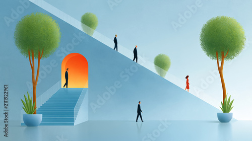 Abstract stairs with walking figures and orange doorway for career journey and success concept
