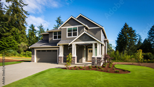 Canvastavla Contemporary two story suburban home with dark gray siding real estate curb appe