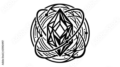 Mystical crystal atom vector, geometric gem with orbital rings, celestial crystal logo