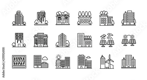 Eco friendly green city buildings and sustainable energy line icons set