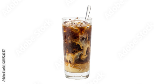 Obraz na płótnie Refreshing iced coffee with cream swirling into dark brew and ice cubes