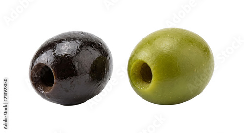 Fotografie Two pitted olives, one black and one green, displayed side by side on a white ba