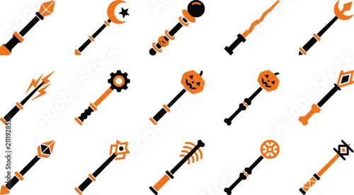 Obraz na plátně Collection of halloween themed vector icons with tools pumpkins and stars on a w