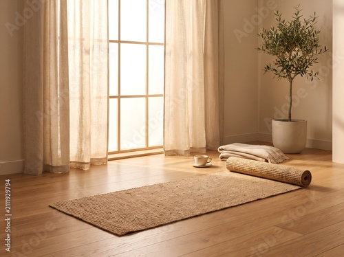 Minimalist natural fiber exercise mat resting upon warm wooden floor within bright serene living space with displays rolled woven placed sunlit wooden